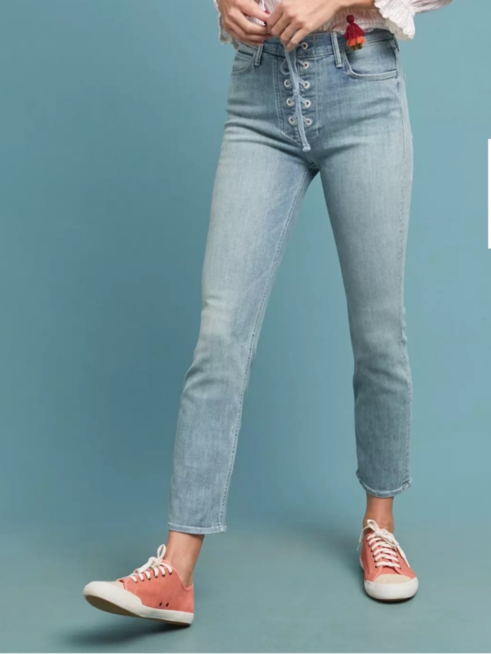 MOTHER Light Blue The Lace-Up Dazzler Ankle Jeans Tinge Light Wash Straight 31
